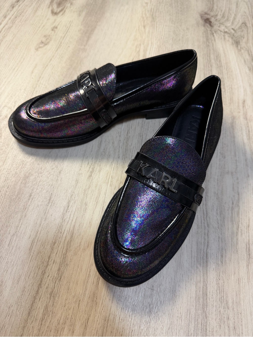 Karl Lagerfeld Iridescent Black Loafers with Holographic Sheen